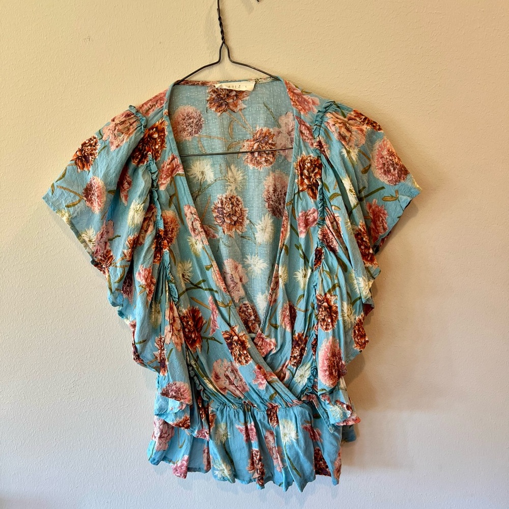 ILLA ILLA Blue Flutter Sleeve Ruffled Blouse